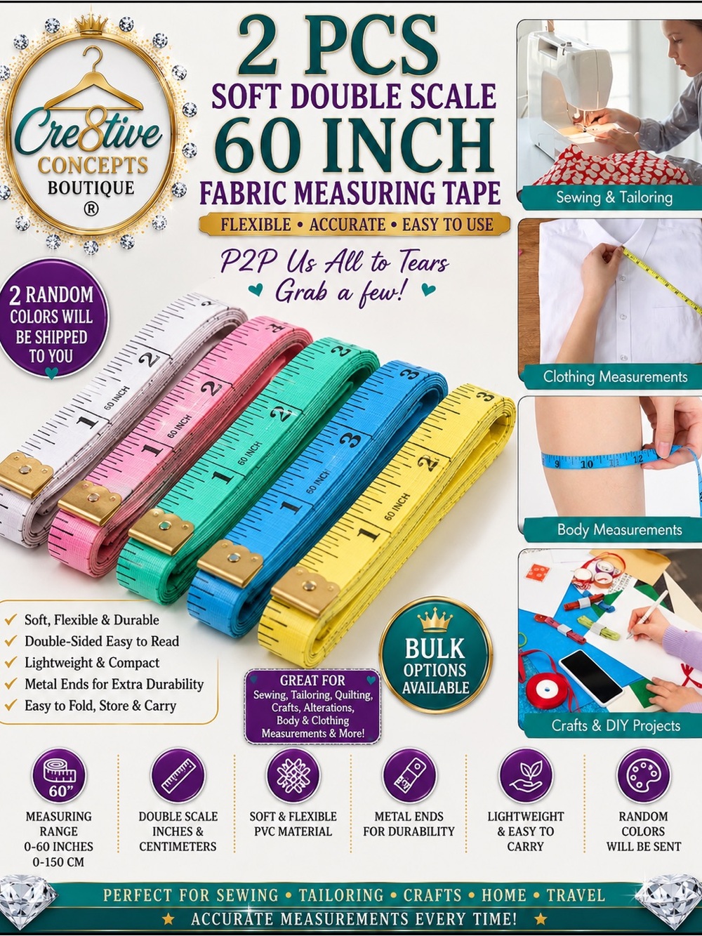 2 Pc Soft Double-Sided 60” Fabric Measuring Tape Sewing Body Tailor Tape